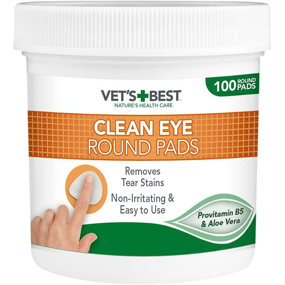 Vet's Best Clean Eye Round Pads for dogs, 100 count, removes tear stains, non-irritating with aloe vera.