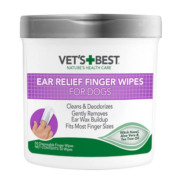 Vet's Best Ear Relief Finger Wipes for dogs, cleans and deodorizes, 50 disposable wipes with natural ingredients.