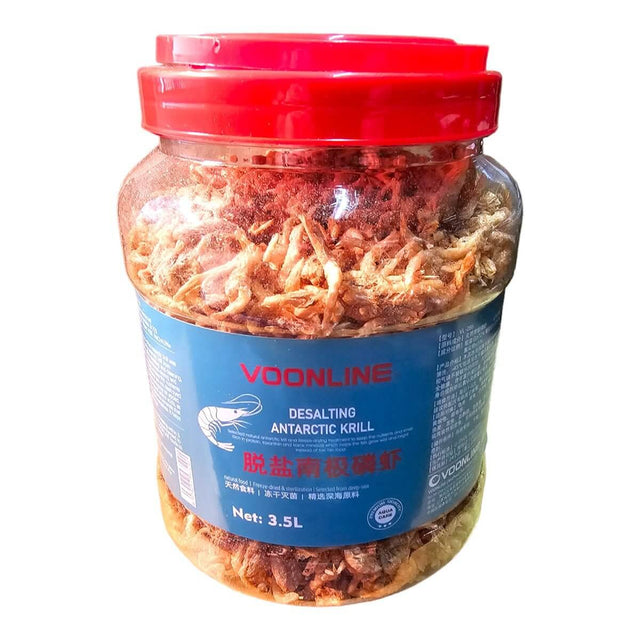 Voonline Desalting Antarctic Krill 3.5L jar with freeze-dried krill for healthy fish nutrition and coloring.