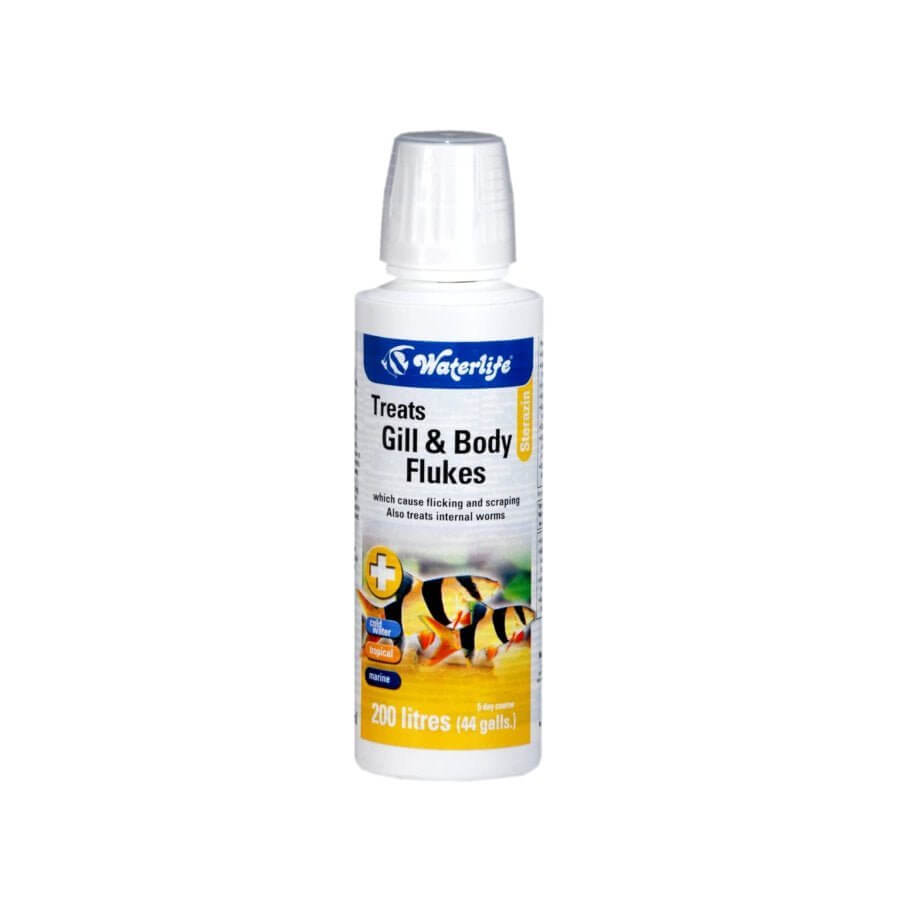 Waterlife Sterazin bottle for treating gill and body flukes in fish, effective against internal worms, 200 liters.