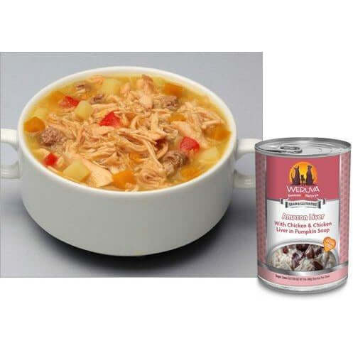 Weruva Amazon Liver Wet Dog Food served in a bowl with chunks of chicken and sweet potatoes in pumpkin soup.