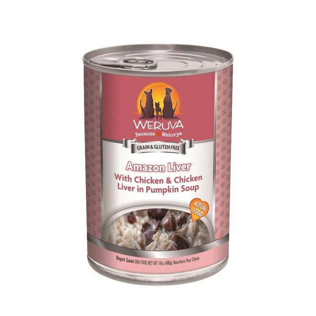 Weruva Amazon Liver Wet Dog Food can featuring chicken and chicken liver in pumpkin soup, grain and gluten-free formula.