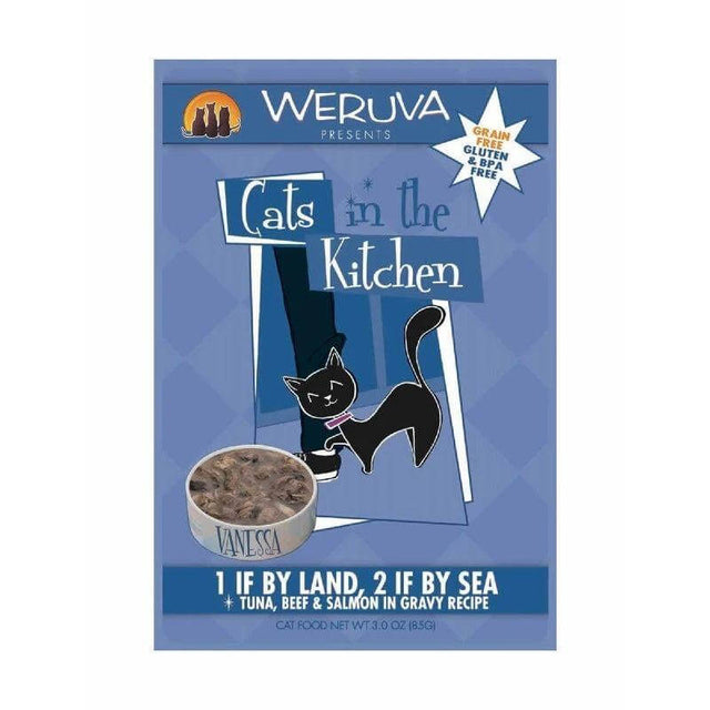 Weruva Cat Pouches - 1 if by Land 2 if by Sea packaging featuring tuna, beef, and salmon in gravy, gluten and grain free formula.