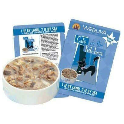 Weruva Cat Pouches "1 if by Land 2 if by Sea" packaging and bowl showcasing premium cat food in gravy.