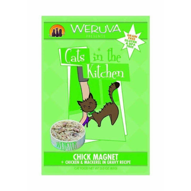 Weruva Cat Pouches Chick Magnet 85g, featuring chicken and mackerel in gravy, grain-free cat food packaging.