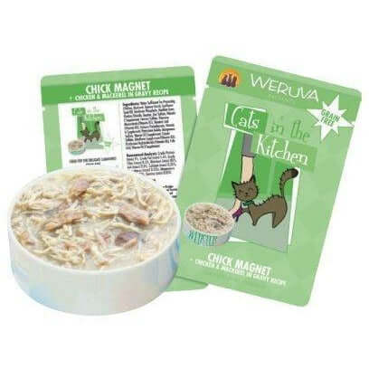 Weruva Chick Magnet cat food pouch with chicken in gravy and packaging, showcasing quality ingredients for pets.