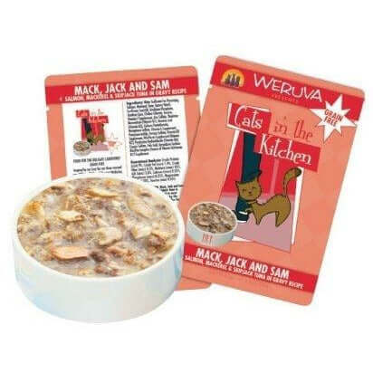 Weruva Cat Pouches Mack Jack and Sam 85g in a bowl with packaging, featuring grain-free, human-style cat food for pets.