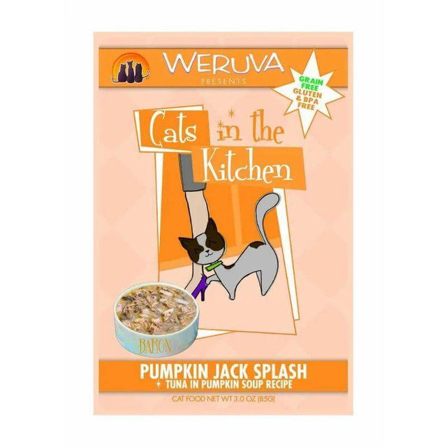 Weruva Cat Pouches Pumpkin Jack Splash packaging featuring tuna in pumpkin soup recipe, grain-free and gluten-free cat food.