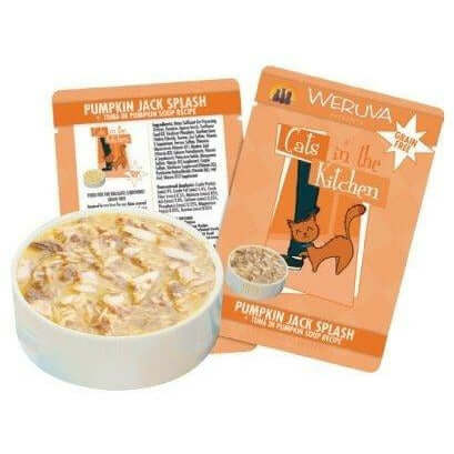Weruva Cat Pouches Pumpkin Jack Splash 85g in container with packaging showing natural ingredients for healthy feline diet.