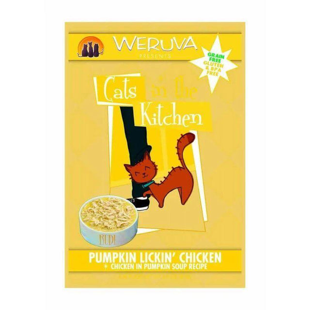 Weruva Cat Pouches Pumpkin Lickin' Chicken 85g packaging featuring a cat and bowl of chicken soup. Grain-free, gluten-free product.