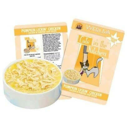 Weruva Cat Pouches Pumpkin Lickin Chicken in a bowl with packaging, showcasing natural ingredients for cats.
