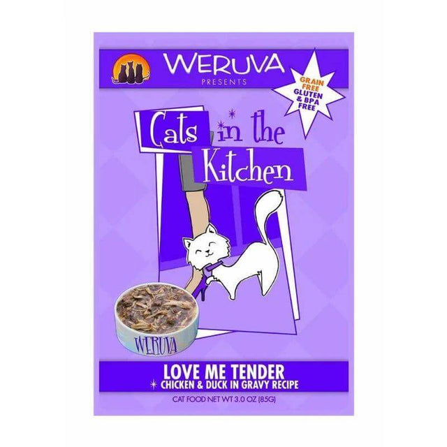 Weruva Cat Pouches Love Me Tender 85g packaging featuring chicken and duck in gravy, grain and gluten free recipe.
