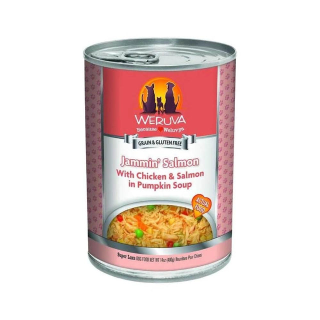 Weruva Jammin Salmon Wet Dog Food can featuring chicken and salmon in pumpkin soup, grain and gluten-free formula.