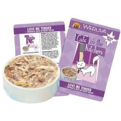 Weruva Cat Pouches - Love Me Tender 85g, featuring chicken and duck in gravy, ideal for feline nutrition.