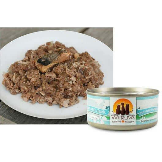 Weruva Mack and Jack wet cat food served on a plate with grilled mackerel on top, next to its can packaging.