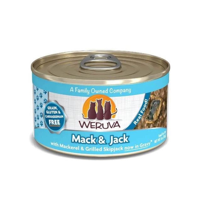 Weruva Mack and Jack canned cat food with mackerel and grilled skipjack, grain-free and gluten-free.