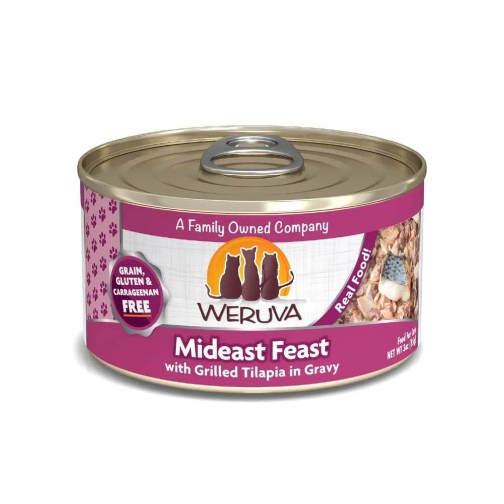 Weruva Mideast Feast wet cat food can featuring grilled tilapia in gravy, grain and gluten-free.