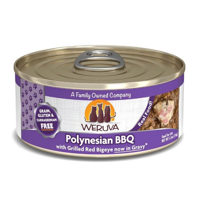 Weruva Polynesian BBQ Wet Cat Food can, featuring grilled red bigeye, grain-free, gluten-free, and family-owned packaging.