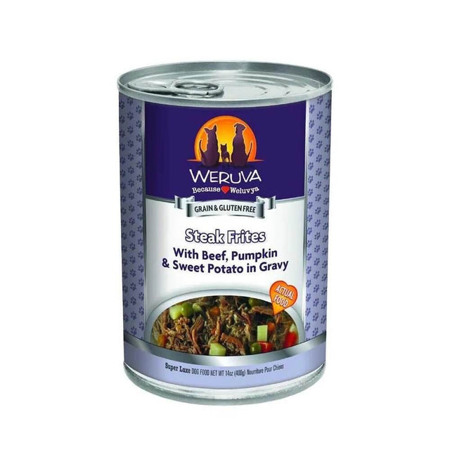 Weruva Steak Frites Wet Dog Food can, featuring beef, pumpkin, and sweet potatoes in gravy, gluten-free option.
