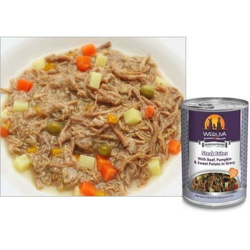 Weruva Steak Frites Wet Dog Food featuring beef, pumpkin, and sweet potatoes in a savory gravy.