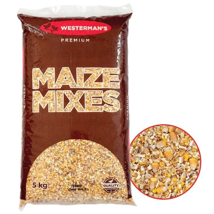 Westerman's Chic Chic No2 Maize 5kg bag featuring crushed maize and red sorghum for balanced bird feed.