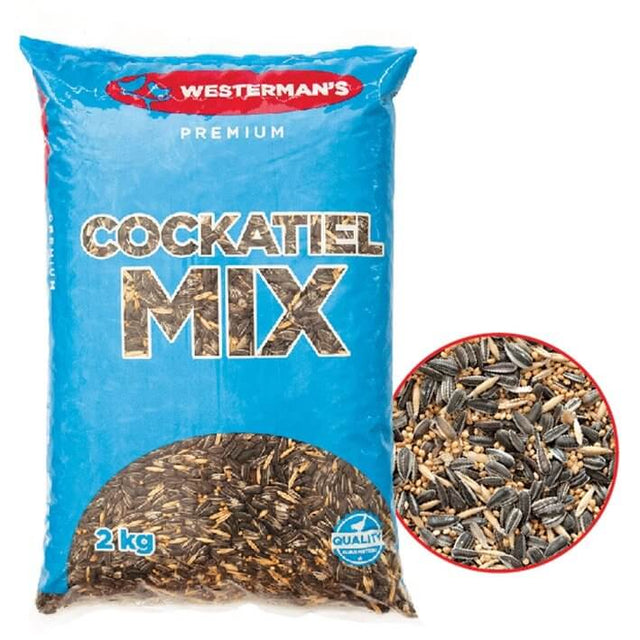Westerman's Cockatiel Mix 2kg bag with a close-up of the seed mixture, featuring sunflower, millet, and oats for a balanced diet.