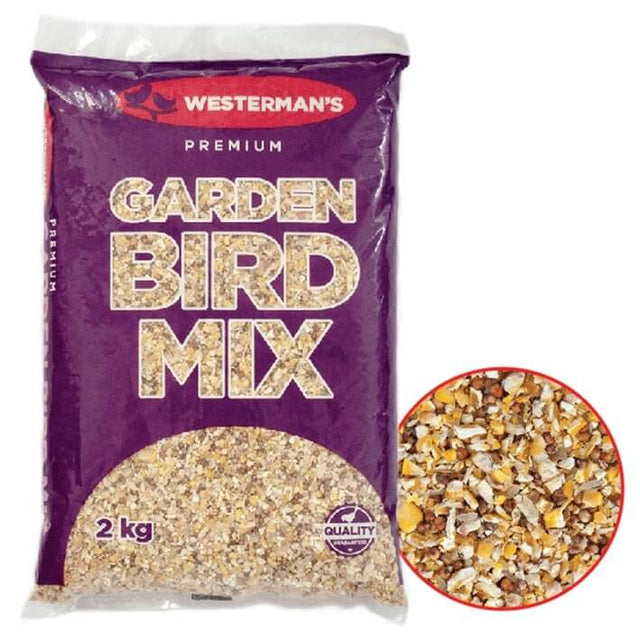 Westerman's Garden Bird Mix Seeds 2kg bag, premium quality bird food mix for a variety of garden birds.