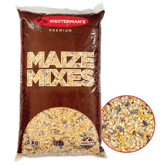 Westerman's Mixed Fowl 5kg maize mix packaging displaying high-quality seeds for balanced bird diet.