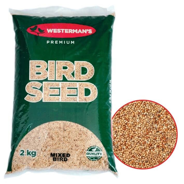 Westerman's Mixed Bird Seeds 2kg bag, premium quality seed blend for balanced bird nutrition. Ideal for various bird types.