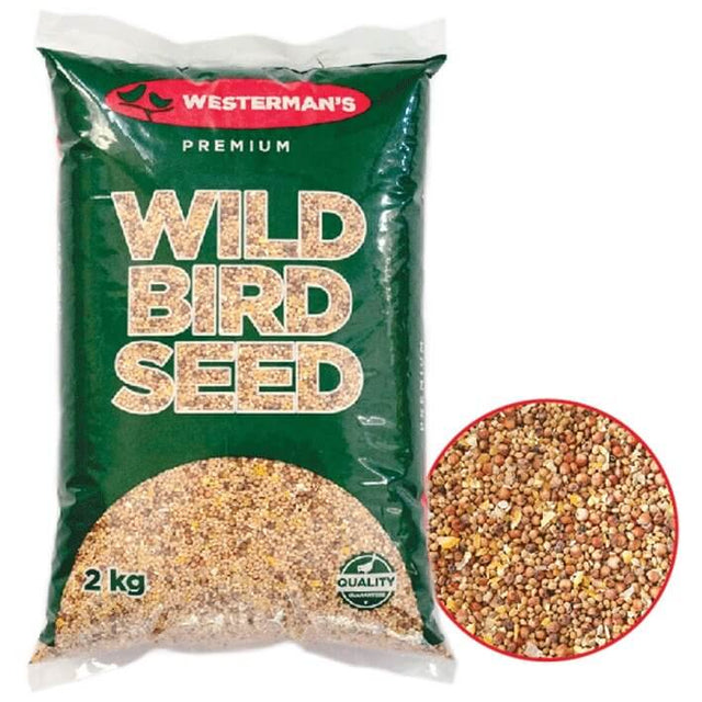 Westerman's Wild Bird Seed 2 kg bag featuring a premium blend of yellow millet, red millet, and sorghum for diverse bird diets.