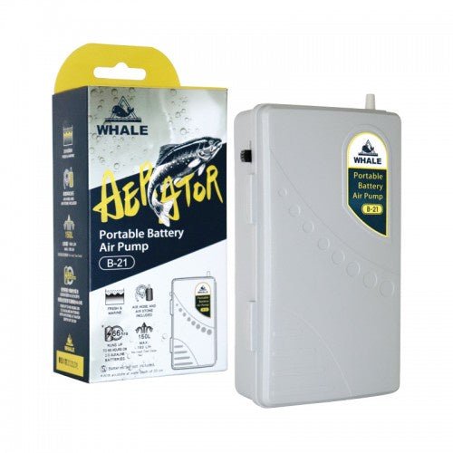 Whale B-21 Portable Battery Air Pump for aquariums, runs 66hrs on 2 D batteries, includes air stone and tubing, perfect for fish transportation.