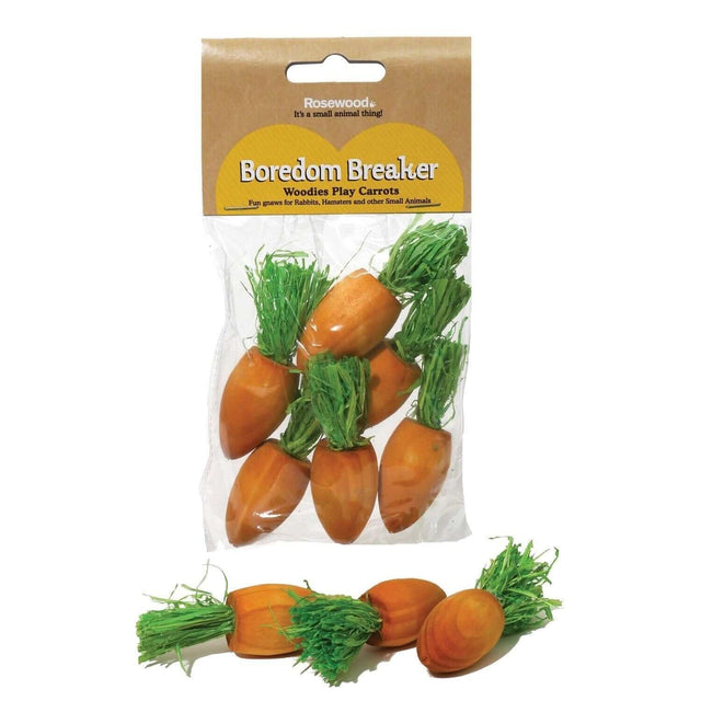 Woodies Play Carrots 6 piece set for pets, made from pet-safe wood, ideal for chewing and play.
