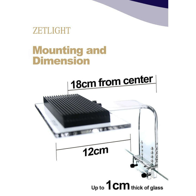 Zetlight Aqua ZA1201-Ai mounting dimensions showing 18cm from center and 12cm width for 1cm thick glass.