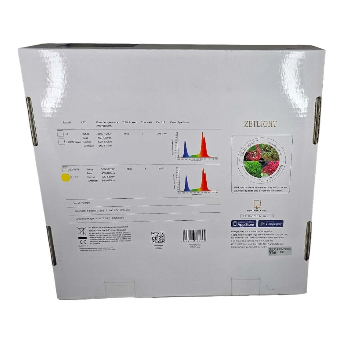 Zetlight E200S Algae Lights packaging showing specifications and color spectrum for optimal algal growth.