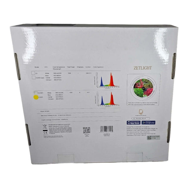 Zetlight E200S Algae Lights packaging showing specifications and color spectrum for optimal algal growth.