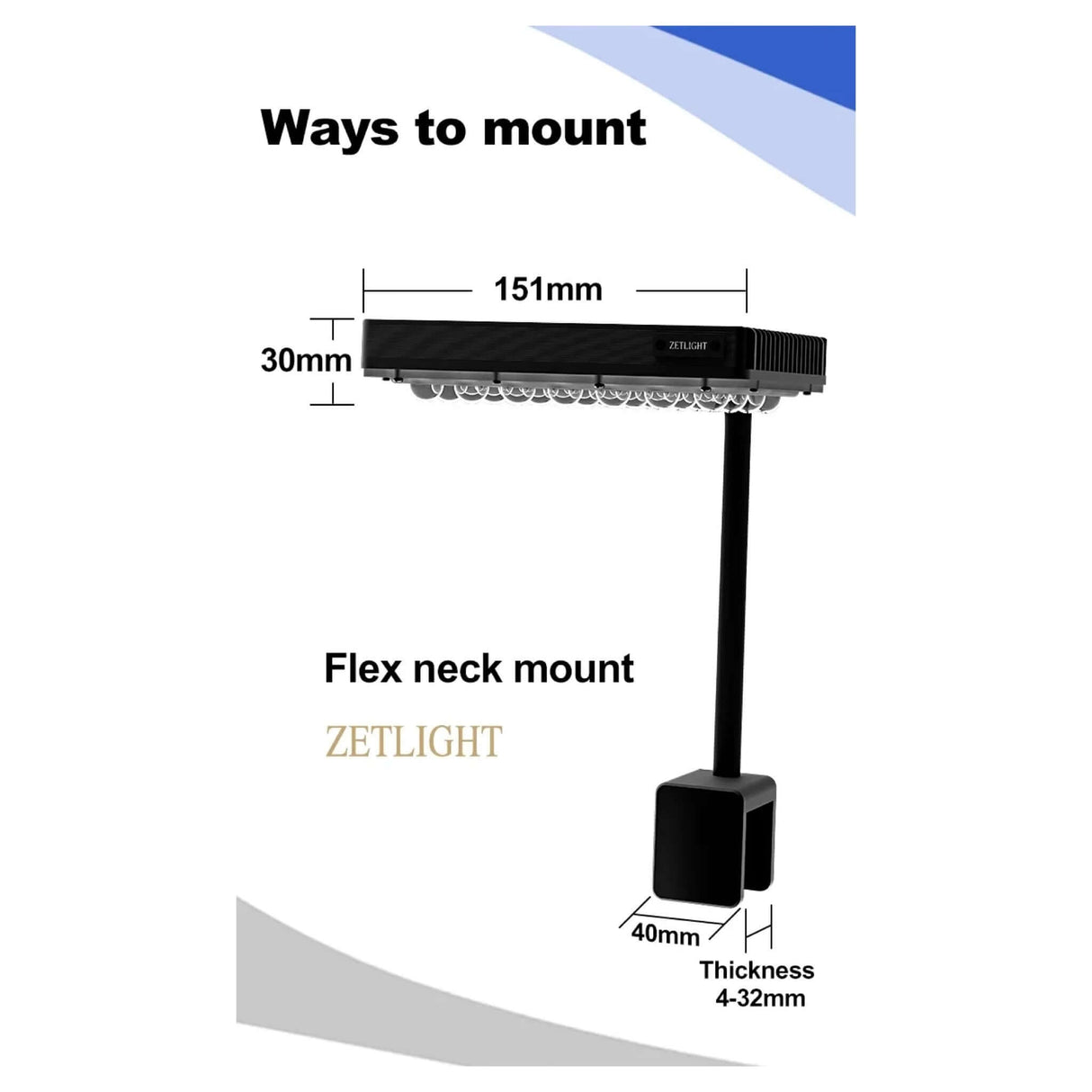 Zetlight E3 Series LED mounting options with dimensions for effective aquarium lighting setup.