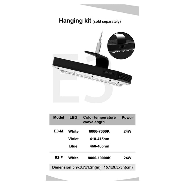 Zetlight E3 Series LED specifications and hanging kit details for optimal aquarium lighting.