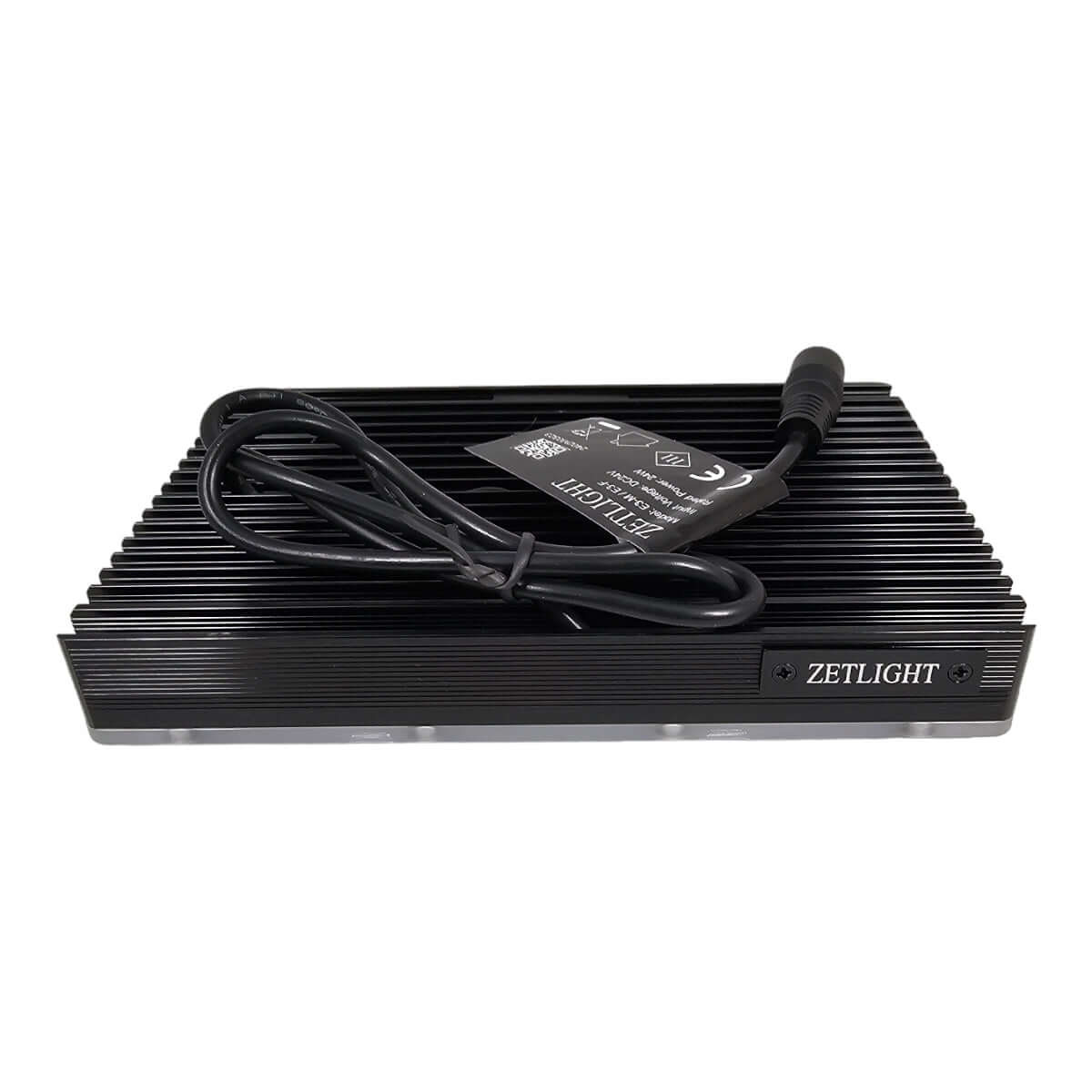 Zetlight E3 Series LED aquarium light with black heatsink and power cable, designed for marine and freshwater use.