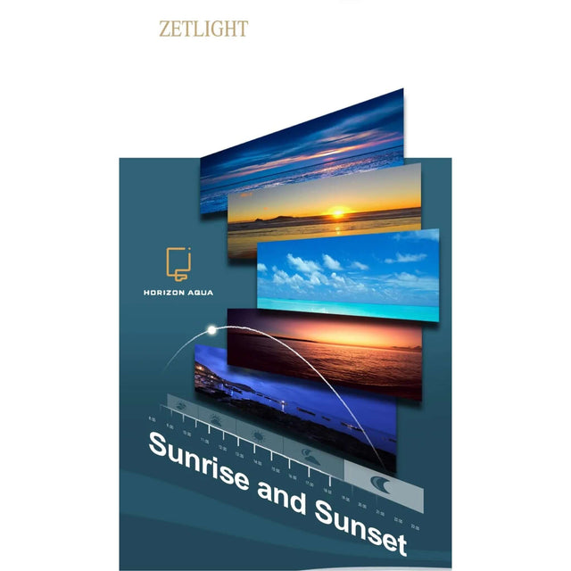 Zetlight Horizon Aqua display showing sunrise and sunset variations for marine LED lighting scenarios.