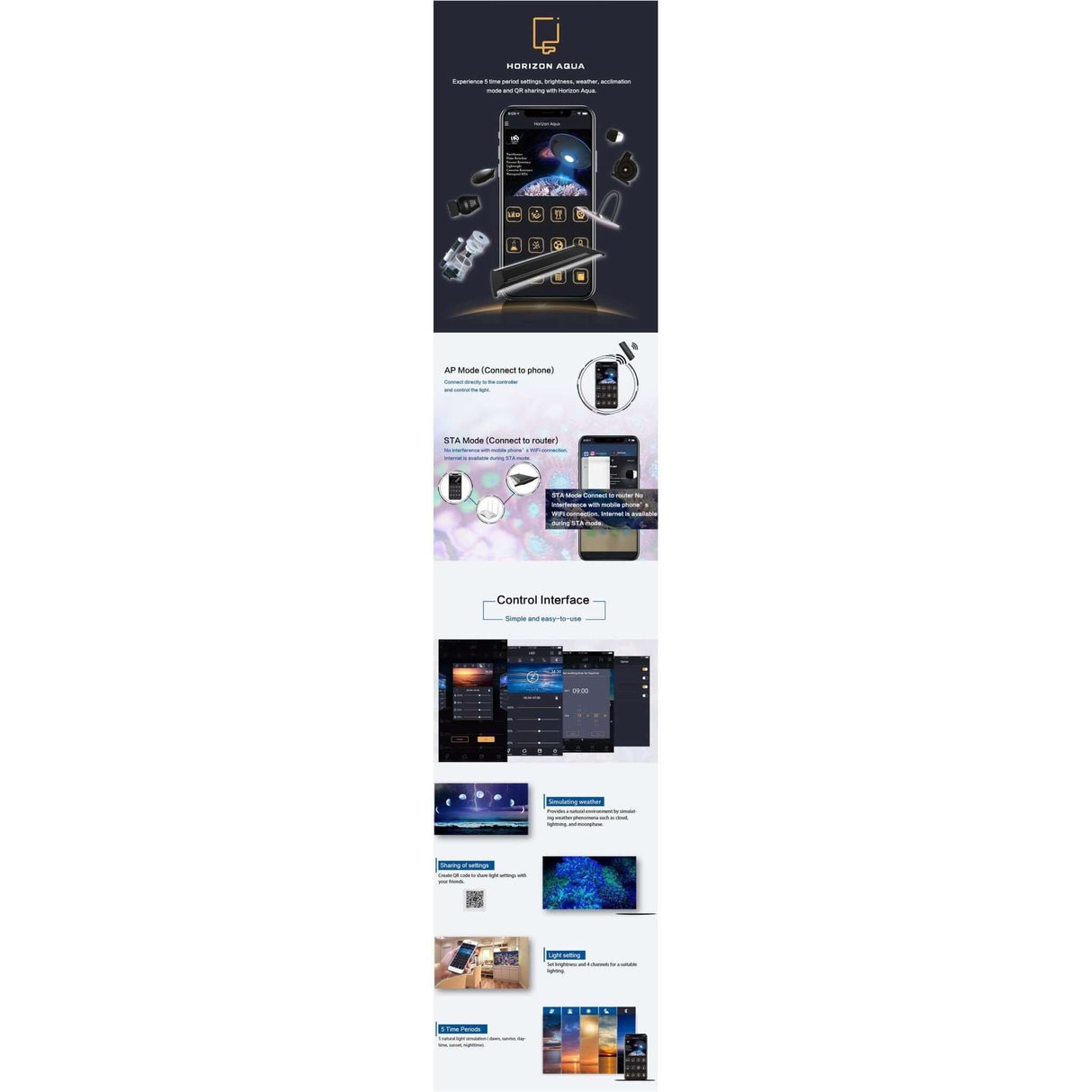 Control interface and features of Zetlight Lancia 2 Tropical Plant Tank LED Light, showcasing wireless functionality and app integration.