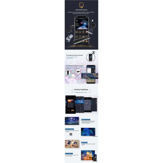 Control interface and features of Zetlight Lancia 2 Tropical Plant Tank LED Light, showcasing wireless functionality and app integration.