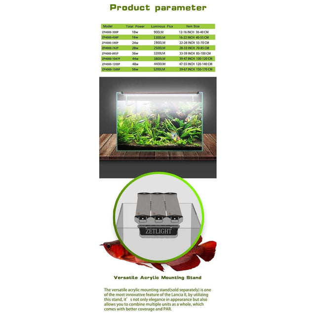 Zetlight Lancia 2 LED light specifications and acrylic mounting stand for tropical plant tanks.