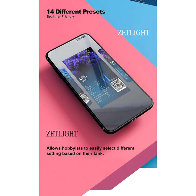 Zetlight image showcasing 14 presets for easy tank setting adjustments, designed for beginner hobbyists.