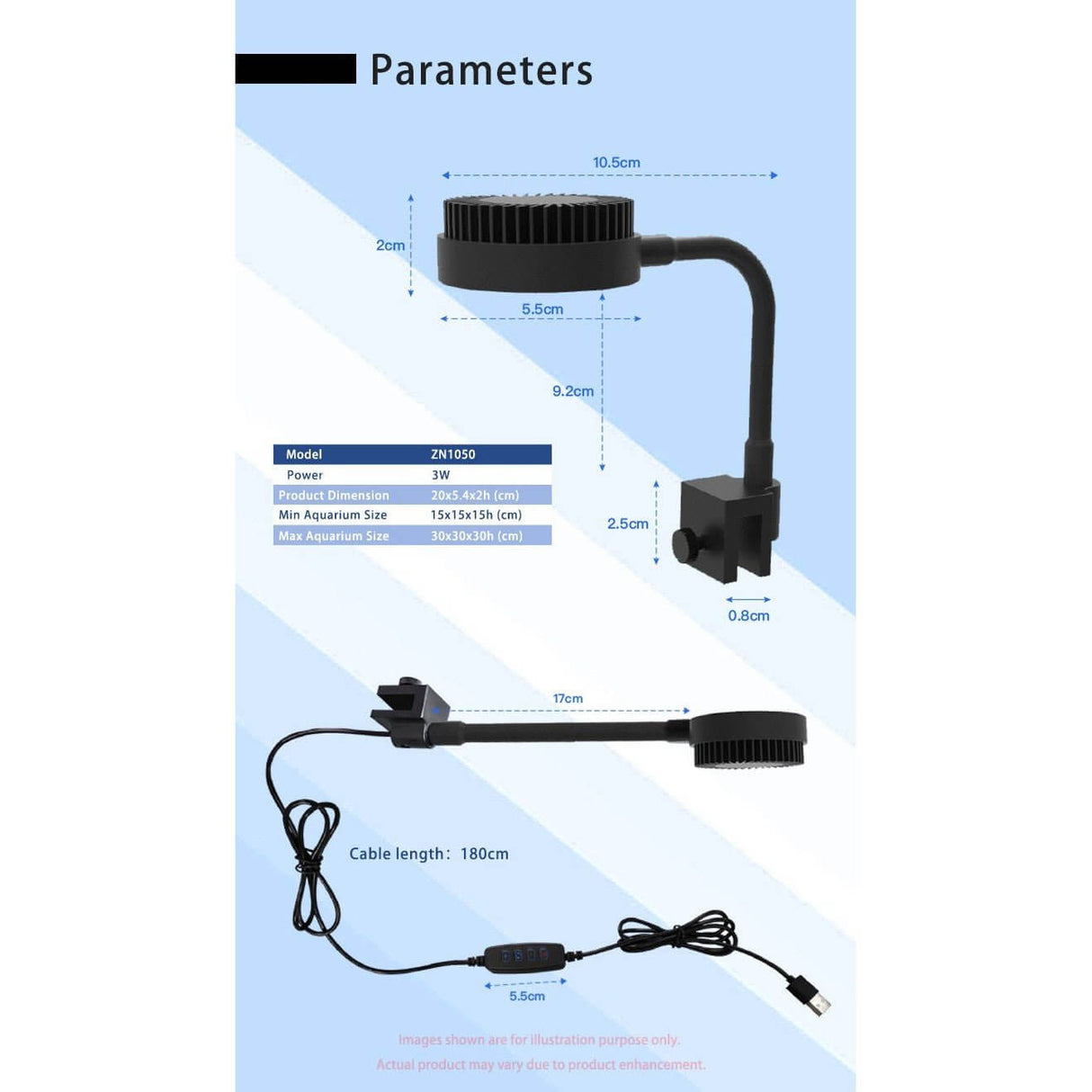 Zetlight ZN1050 Mini Tank LED dimensions and parameters for aquariums, showcasing adjustable features and power specifications.