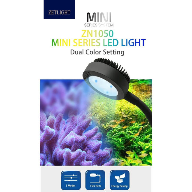 Zetlight ZN1050 Mini Series LED Light for aquariums, featuring dual color settings and energy-saving design.