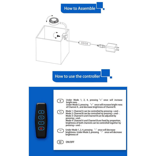 Assembly guide and remote controller instructions for Zetlight ZN1050 Mini Tank LED aquarium light.