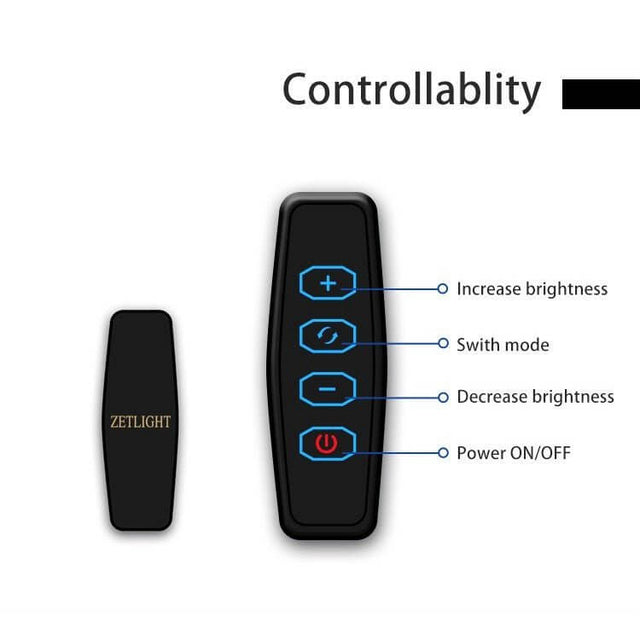 Zetlight remote controller with buttons for brightness adjustment and power, enhancing aquarium lighting control.