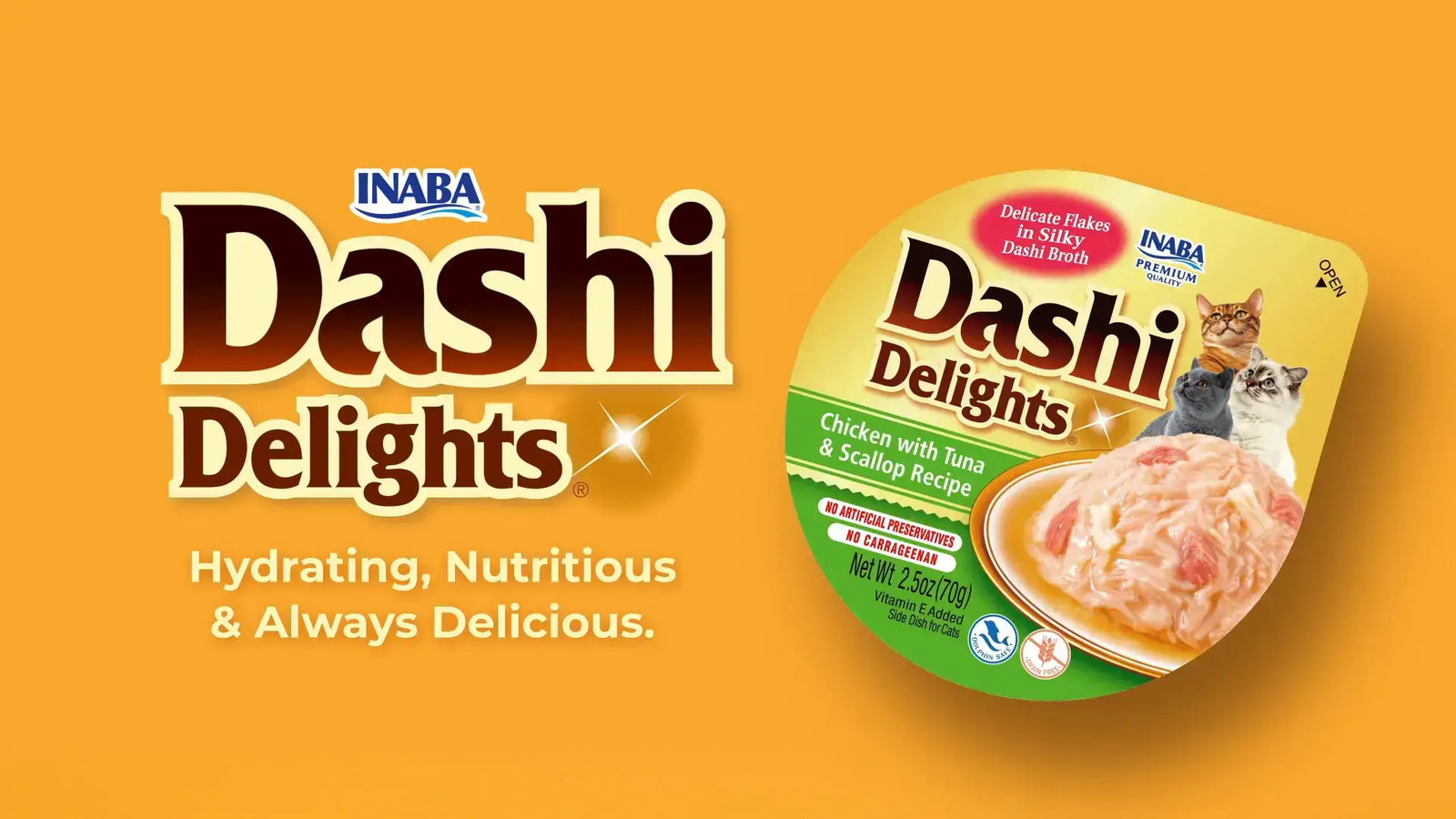 Inaba Dashi Delights chicken, tuna, scallop recipe for cats – hydrating and nutritious.