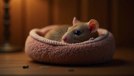 Cute pet rat resting in a cozy pink bed, showcasing healthy pet care environment.
