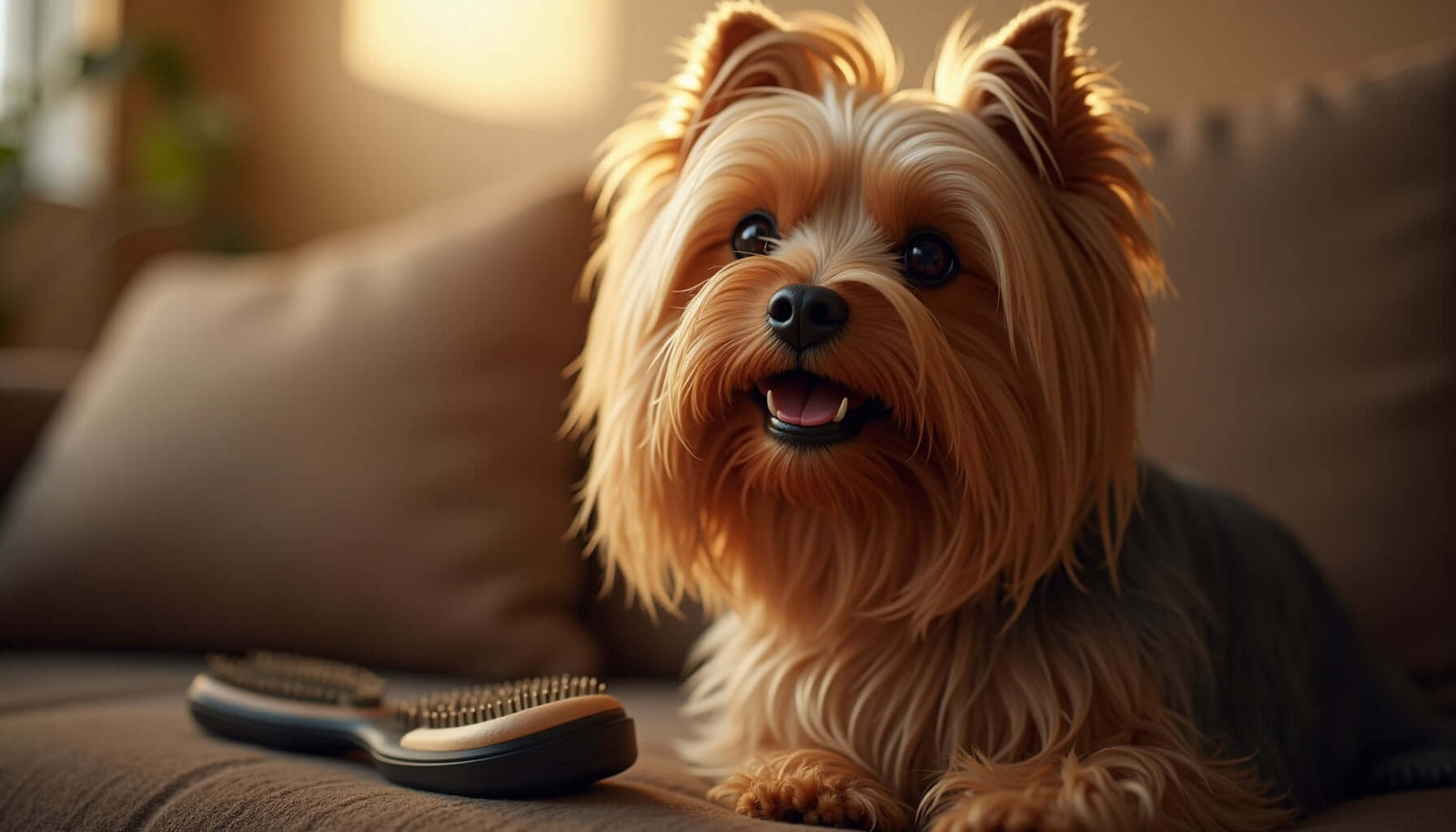 Yorkshire Terrier sitting on a couch with a brush, showcasing its silky fur.